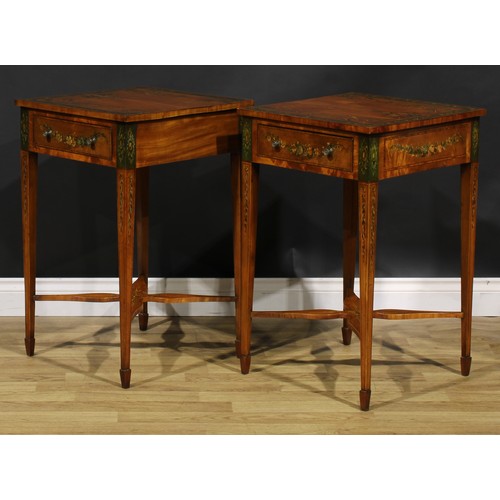 1605 - A pair of Sheraton Revival tulipwood crossbanded satinwood and painted lamp tables, each painted wit... 