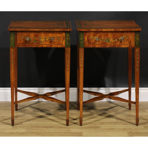 1605 - A pair of Sheraton Revival tulipwood crossbanded satinwood and painted lamp tables, each painted wit... 