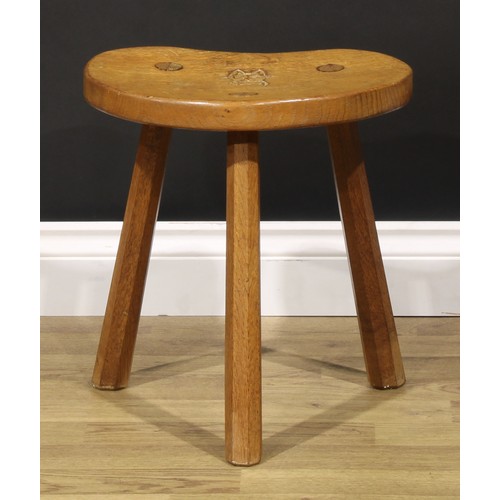 2050 - Lyndon Hammell, Cat and Mouseman of Harmby - an oak stool, of staked construction, adzed overall, ch... 