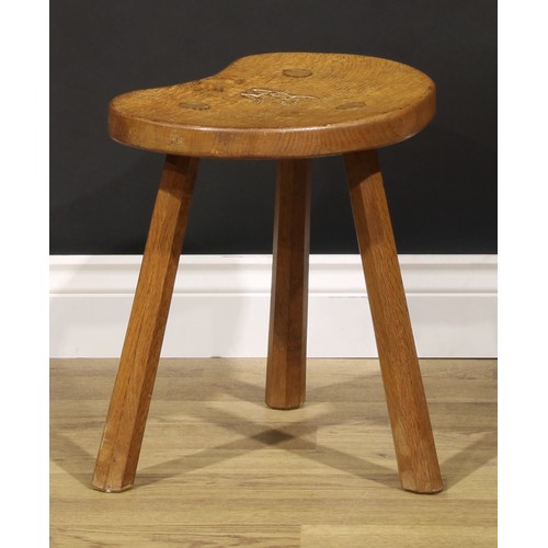 2050 - Lyndon Hammell, Cat and Mouseman of Harmby - an oak stool, of staked construction, adzed overall, ch... 