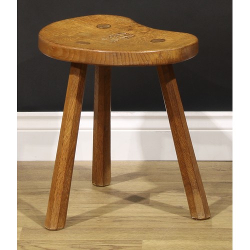 2050 - Lyndon Hammell, Cat and Mouseman of Harmby - an oak stool, of staked construction, adzed overall, ch... 