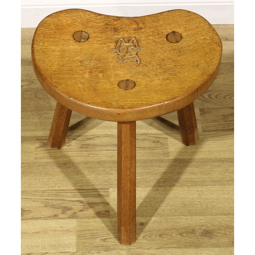 2050 - Lyndon Hammell, Cat and Mouseman of Harmby - an oak stool, of staked construction, adzed overall, ch... 