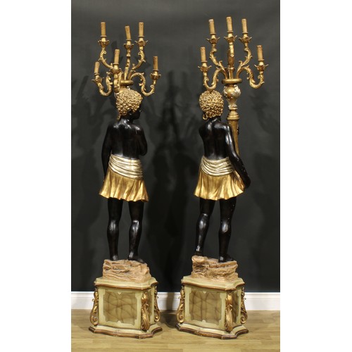 1606 - A pair of Venetian composite blackamoor floor-standing six-light candelabra, modelled as scantily cl... 