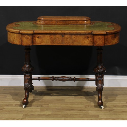 2121 - A Victorian walnut and marquetry writing table, discorectangular superstructure with hinged cover en... 