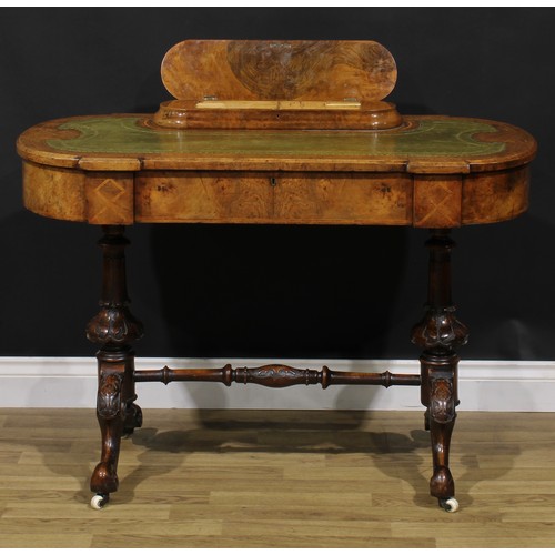 2121 - A Victorian walnut and marquetry writing table, discorectangular superstructure with hinged cover en... 