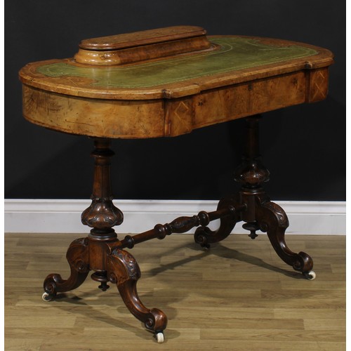 2121 - A Victorian walnut and marquetry writing table, discorectangular superstructure with hinged cover en... 