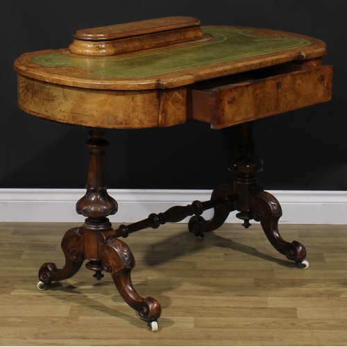 2121 - A Victorian walnut and marquetry writing table, discorectangular superstructure with hinged cover en... 