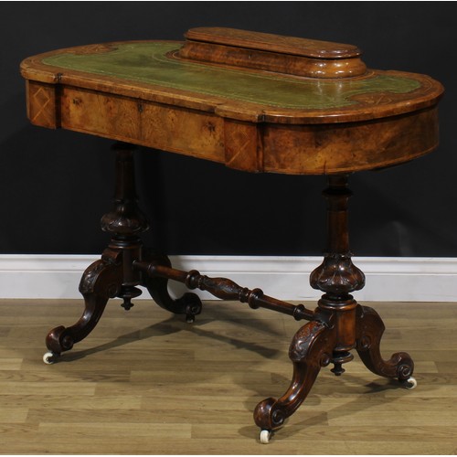 2121 - A Victorian walnut and marquetry writing table, discorectangular superstructure with hinged cover en... 