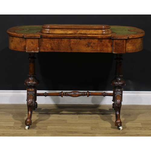 2121 - A Victorian walnut and marquetry writing table, discorectangular superstructure with hinged cover en... 