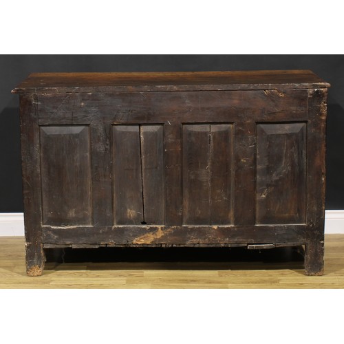 2122 - An 18th century oak low dresser, slightly oversailing top above three frieze drawers and a pair of r... 