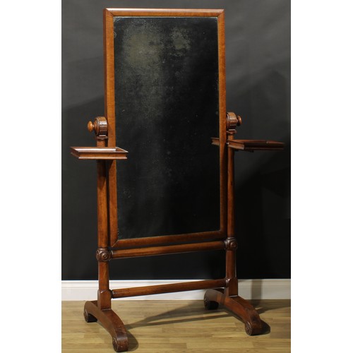 2148 - A Victorian mahogany cheval mirror, rectangular plate flanked by adjustable plateaux, 168.5cm high, ... 