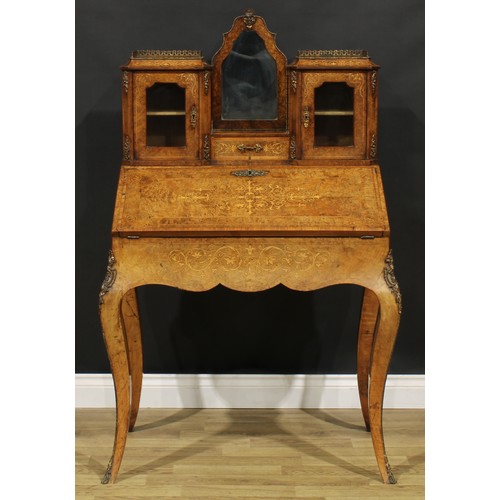 2151 - A Victorian Franglais gilt metal mounted walnut and marquetry bureau de dame, in the Louis XV taste,... 