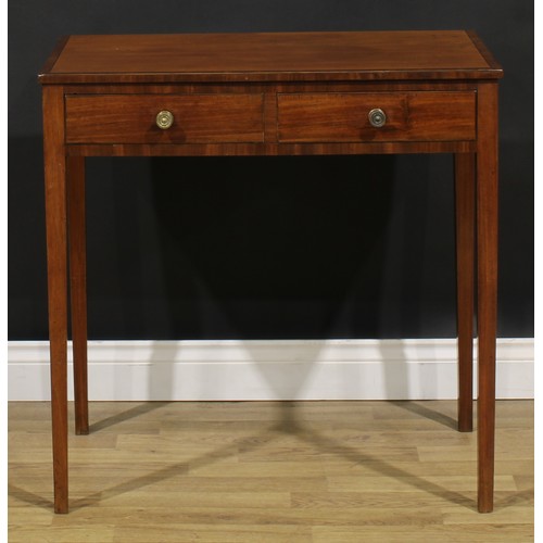 1812 - A George III mahogany side table, crossbanded rectangular top above a pair of frieze drawers, tapere... 