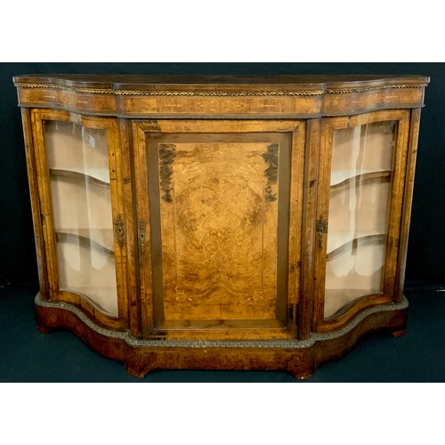 2068 - A Victorian gilt metal mounted walnut and marquetry shaped serpentine credenza, the top with matched... 