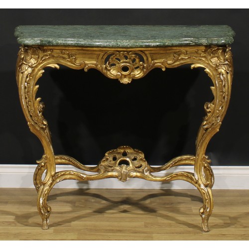 1617 - A 19th century Italian giltwood pier table, marble top, the base pierced and carved in the rococo ta... 