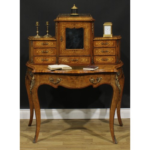 2070 - A Victorian gilt metal mounted walnut and marquetry bonheur du jour, stepped superstructure with a m... 