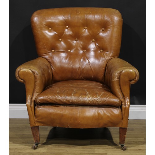 2071 - An early 20th century club armchair, stuffed-over upholstery, tapered square forelegs, ceramic caste... 