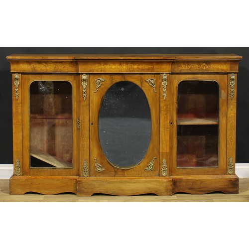 2072 - A Victorian gilt metal mounted walnut and marquetry breakfront credenza, oversailing top above three... 