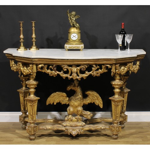 1615 - A 19th century giltwood pier table, in the manner of William Kent, shaped serpentine Carrara marble ... 