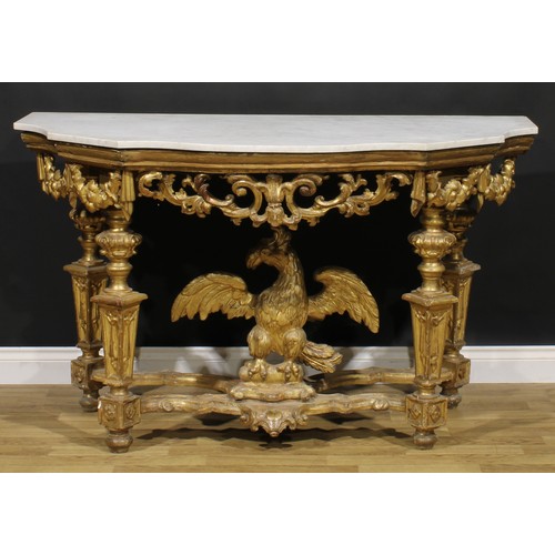 1615 - A 19th century giltwood pier table, in the manner of William Kent, shaped serpentine Carrara marble ... 