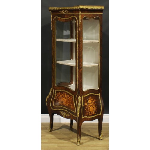 1592 - A Louis XV Revival gilt metal mounted kingwood and marquetry vitrine, rectangular top with pierced g... 