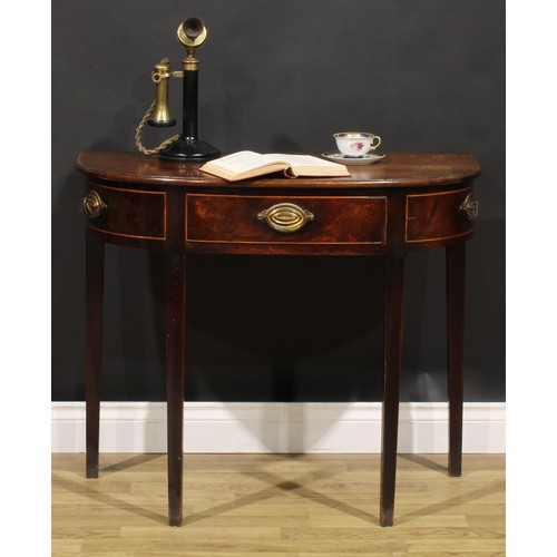 1634 - A George III mahogany D-shaped side table, slightly oversailing top with moulded edge above a single... 