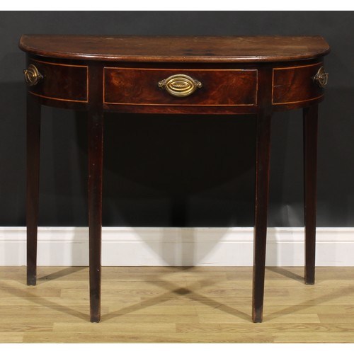 1634 - A George III mahogany D-shaped side table, slightly oversailing top with moulded edge above a single... 