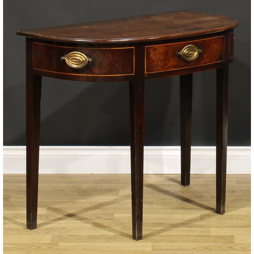 1634 - A George III mahogany D-shaped side table, slightly oversailing top with moulded edge above a single... 