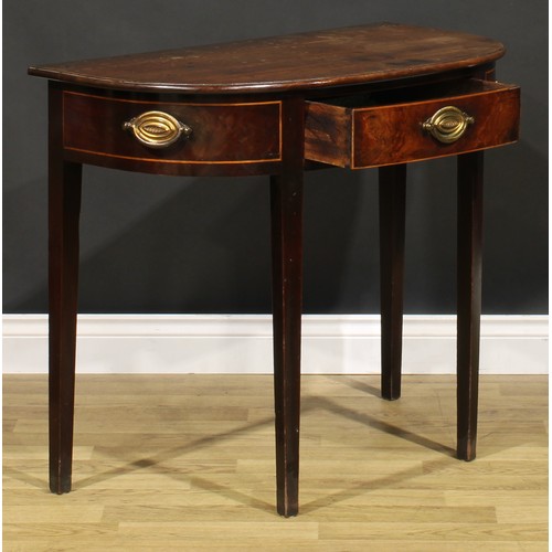 1634 - A George III mahogany D-shaped side table, slightly oversailing top with moulded edge above a single... 