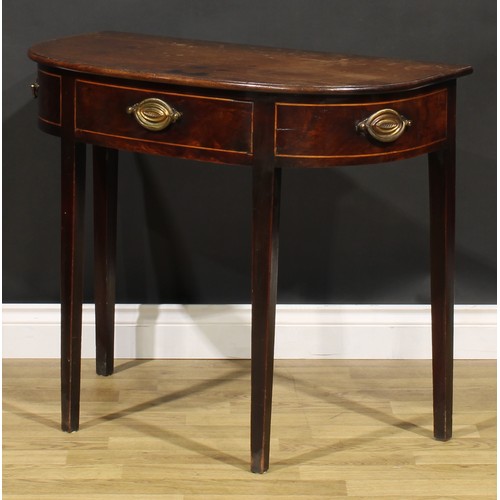 1634 - A George III mahogany D-shaped side table, slightly oversailing top with moulded edge above a single... 