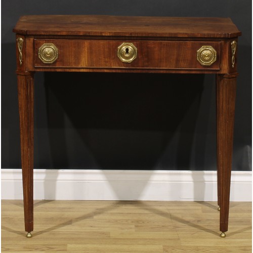 2073 - An early 19th century Dutch mahogany side table, canted rectangular top above a frieze drawer, flute... 