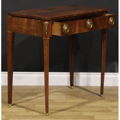 2073 - An early 19th century Dutch mahogany side table, canted rectangular top above a frieze drawer, flute... 