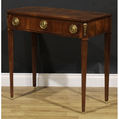 2073 - An early 19th century Dutch mahogany side table, canted rectangular top above a frieze drawer, flute... 