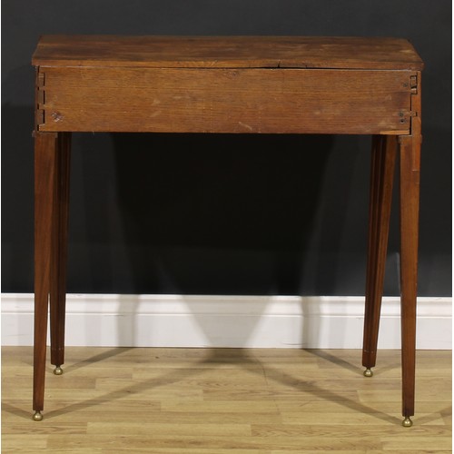 2073 - An early 19th century Dutch mahogany side table, canted rectangular top above a frieze drawer, flute... 