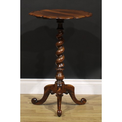 1910 - A Victorian rosewood tripod wine table, dished shaped circular top, spirally turned pillar, cabriole... 