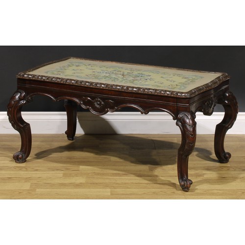 1909 - A Victorian mahogany low sitting room table, shaped rectangular top with glazed woolwork panel, shap... 