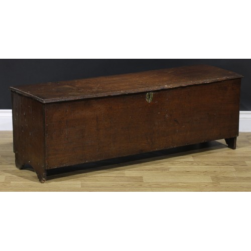 2114 - An 18th century oak six-plank chest, hinged top enclosing a till and a drawer, 47cm high, 120cm wide... 