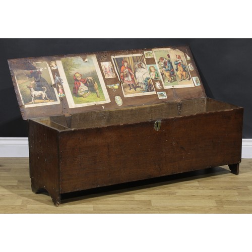 2114 - An 18th century oak six-plank chest, hinged top enclosing a till and a drawer, 47cm high, 120cm wide... 