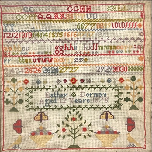 2118 - A Victorian needlework alphabet sampler, by Esther Dorman, Aged 12 Years, 1875, worked in coloured t... 