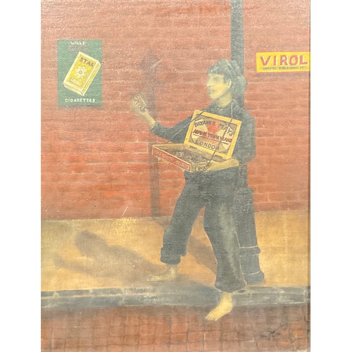 2154 - Advertising - an early 20th century painted panel, depicting a Bryant & May match seller, the wall w... 