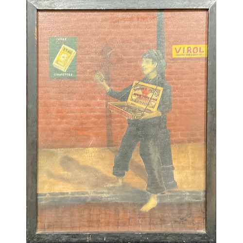 2154 - Advertising - an early 20th century painted panel, depicting a Bryant & May match seller, the wall w... 