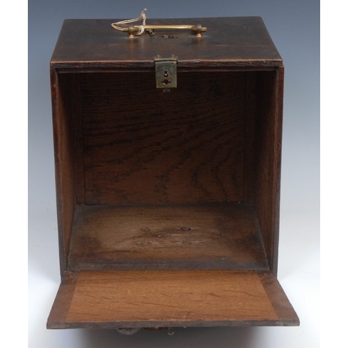 2155 - A late 19th century oak pigeon carrying box, brass handle, the fall front carved and applied with a ... 