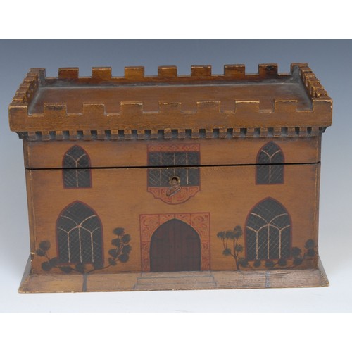 2157 - A novelty tea caddy, as a 19th century Gothic Revival house, hinged cover with crenellations, enclos... 