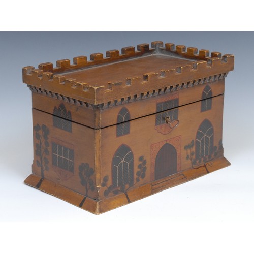 2157 - A novelty tea caddy, as a 19th century Gothic Revival house, hinged cover with crenellations, enclos... 