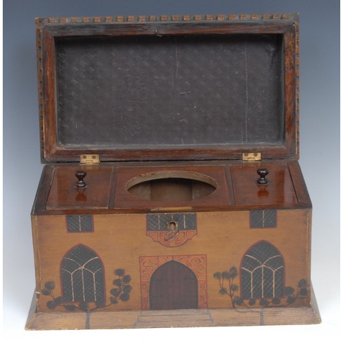 2157 - A novelty tea caddy, as a 19th century Gothic Revival house, hinged cover with crenellations, enclos... 