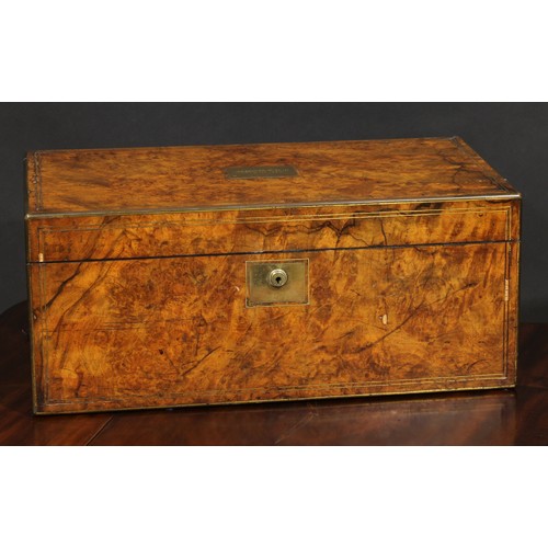 2165 - A Victorian burr walnut writing box, hinged cover enclosing a fitted interior, drawer to side, Brama... 