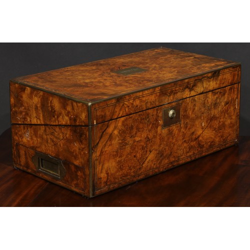 2165 - A Victorian burr walnut writing box, hinged cover enclosing a fitted interior, drawer to side, Brama... 