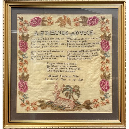 2134 - A Victorian needlework sampler, by Elizabeth Goulburn, In the 11th Year of her Age, worked in colour... 