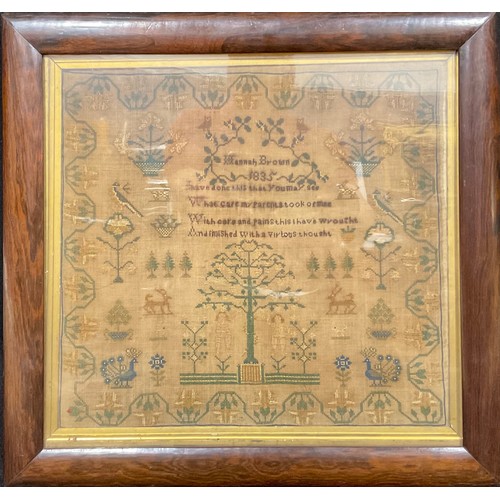 2135 - A William IV needlework sampler, by Hannah Brown, 1835, worked in coloured threads with verse, birds... 