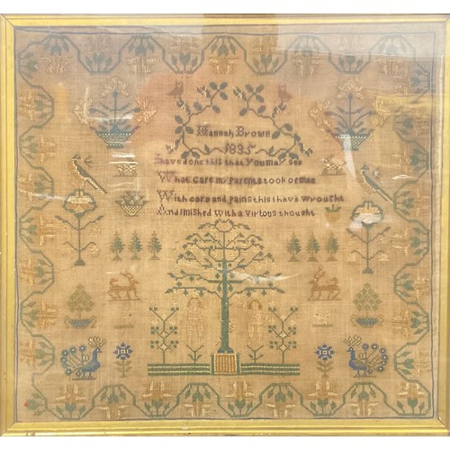 2135 - A William IV needlework sampler, by Hannah Brown, 1835, worked in coloured threads with verse, birds... 